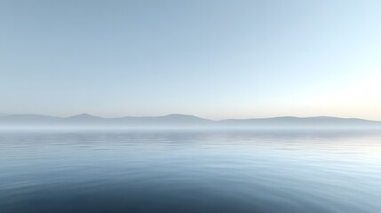 Fototapeta premium Misty, tranquil scene of a still lake reflecting a distant mountain range.