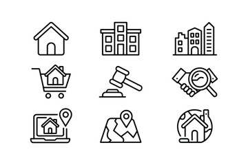 House building shopping cart auction gavel magnifying glass laptop map globe vector