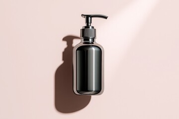 Obraz premium Modern Black Soap Bottle Against Pink Wall for Minimal Bathroom Product Display