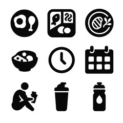 Protein Timing Icons. Solid, filled icon set of protein intake timing: breakfast plate, lunch box, dinner plate, snack bowl, clock