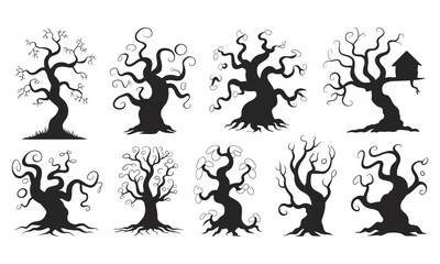 Spooky Tree Icons Set, Halloween Silhouette Elements for Stickers and Cards
