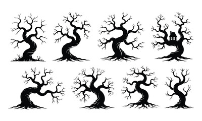 Happy Halloween Vector Collection, Different Tree Silhouettes for Decoration