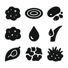 Rain-Soaked Textures Icons. Solid, Filled icon set of rain-soaked earth textures: mud patch, puddle ripple, wet pebble, soaked