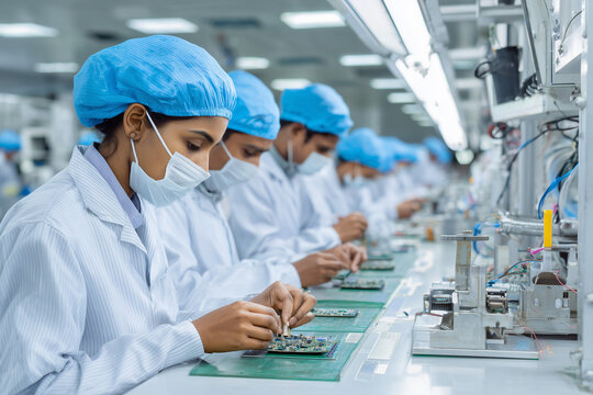 Team of Indian factory staff assembling electronic components in a cleanroom environment, technology and precision concept, white background, - Powered by Adobe