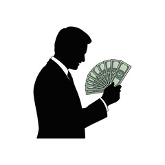 Money Silhouette: A silhouette of a person contemplating a fan of money, symbolizing wealth, financial decisions, and economic themes.