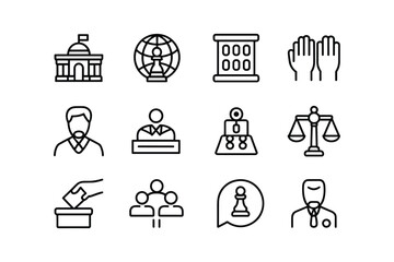 Government building globe chess pawn courthouse hands voting ballot box people speech bubble
