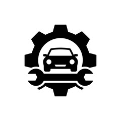 Automotive Engineering Symbol: A bold, graphic representation of a car encircled by a gear, with wrenches beneath, symbolizing automotive engineering and repair.