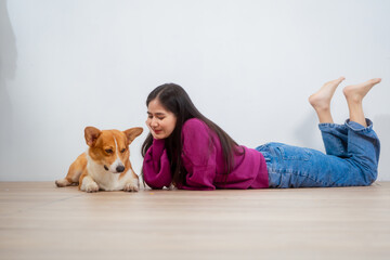 Asian young woman sits on the floor beside her sofa, gently stroking her Corgi dog head relax at...