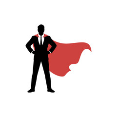 Business Hero: A silhouette of a business person confidently stands, a red cape symbolizing strength and determination, ready to take on challenges with unwavering resolve.