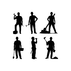 Construction Workers Silhouette: Six silhouettes of construction workers, each engaged in different tasks, provide a versatile set of graphic resources for projects related to building and trades.