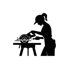 Silhouette of a Crafts person: A silhouette of a woman, showcasing her focus on a circular saw with precision. a modern depiction of skill and craftsmanship.