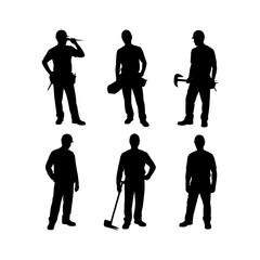 Construction Worker Silhouettes: A collection of six distinct silhouettes depicting construction workers in various poses, showcasing different tools and actions.  Each silhouette is clean.