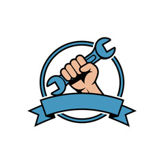 Service Symbol: A strong, determined hand firmly grips a wrench, encircled by a blue ring and adorned with a banner, embodying service and repair with a touch of robustness.