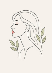 woman in profile with closed eyes and leaves around. Minimalist illustration, thin lines, feminine, delicate modern boho art. black, green and pink, light background. vector, decorative