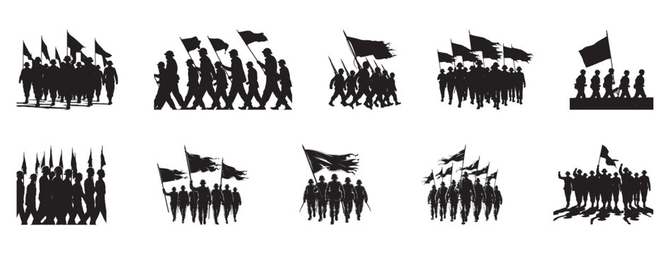 Soldiers marching with flags silhouette parade