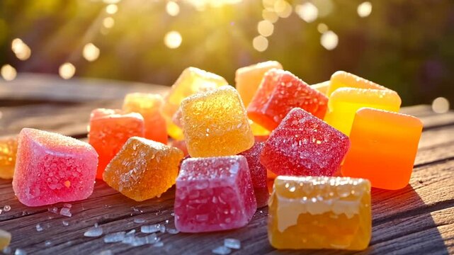 Colorful and Delicious Marmalade Cubes on Wooden Table in Golden Light Still Life