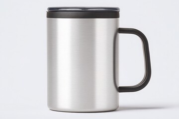 A sleek stainless steel travel mug with a black lid is shown. It is designed for outdoor activities, ensuring drinks remain hot while being easily portable. Ideal for commuters and adventurers alike.