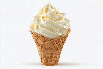 A soft serve ice cream cone showcases a generous swirl of creamy vanilla ice cream, perfectly nestled in a crispy waffle cone, with a drizzle of sweet syrup adding visual appeal.
