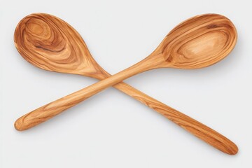 Two beautifully crafted wooden cooking spoons are elegantly crossed over one another, showcasing the intricate grain of the wood.