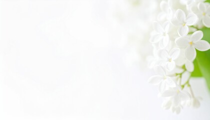 white lilac flowers on blurred light background, delicate white minimalistic floral template with copy space