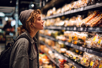 Urban Consumer Making Food Choices in Modern Supermarket.