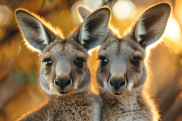 Fototapeta premium Two adorable kangaroos stand close together, surrounded by natural light in a serene, outdoor setting.