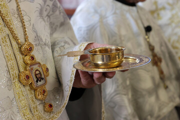 During the liturgy, the priest holds a cup of wine in his hand.