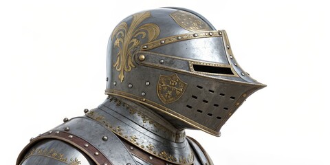 Ornate Medieval Knight Armor Close-up, Gilded Details, Steel Helmet, Antique , medieval armor, knight