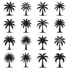 Obraz premium Sixteen different silhouettes of tropical palm trees arranged in a grid pattern offer design elements