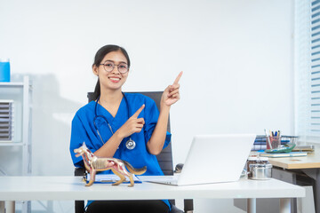 An Asian female veterinarian in blue scrubs and glasses works diligently at her desk, using a...