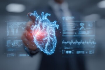 A professional in a suit interacts with a holographic display of a glowing human heart. The setting suggests a futuristic medical environment, enhancing the focus on healthcare technology.