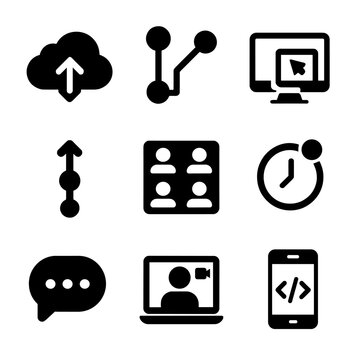 Remote Dev Icons. Solid, filled icon set of remote dev collaboration: cloud sync, shared repo, remote desktop, commit push, team