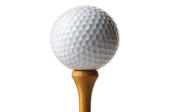White golf ball on a tee, isolated for a close-up shot of the sport's essential equipment