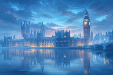 Naklejka premium Beautiful twilight captures the Houses of Parliament and Big Ben reflected in calm waters. The soft glow of lights enhances the serene atmosphere of this iconic London landmark.