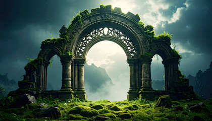 Old arch with crumbling pillars, portal to hidden world. Ancient carvings and mystical energy.