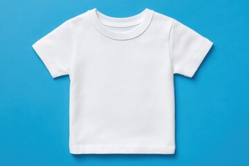 Fototapeta premium A plain white short-sleeve t-shirt laid flat on a vibrant blue background. The design is minimalistic and suitable for casual wear or branding purposes.