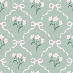 Preppy coquette seamless pattern with white bow ribbons and cute flowers. Floral elegance damask design. Vintage cottagecore print for fabric, wallpaper or wrapping paper