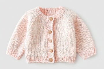 Obraz premium This cozy baby cardigan features a soft pink hue, crafted from warm knit fabric. It includes a round neckline and five wooden buttons for secure closure, ideal for chilly days.