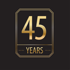 45 years gold metallic badge. rectangular, outline. modern minimalist vector logo. Celebration, anniversary, events.