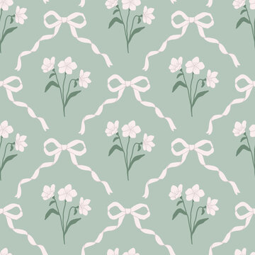 Preppy coquette seamless pattern with white bow ribbons and cute flowers. Floral elegance damask design. Vintage cottagecore print for fabric, wallpaper or wrapping paper