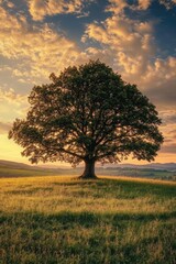 Fototapeta premium Majestic oak tree on a golden meadow at sunset