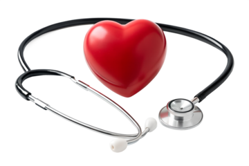 A doctor's stethoscope on a red heart symbolizes medical care, health, and diagnostic examination