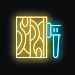 Neon icon of a hammer about to strike a wood plank, useful for representing woodworking