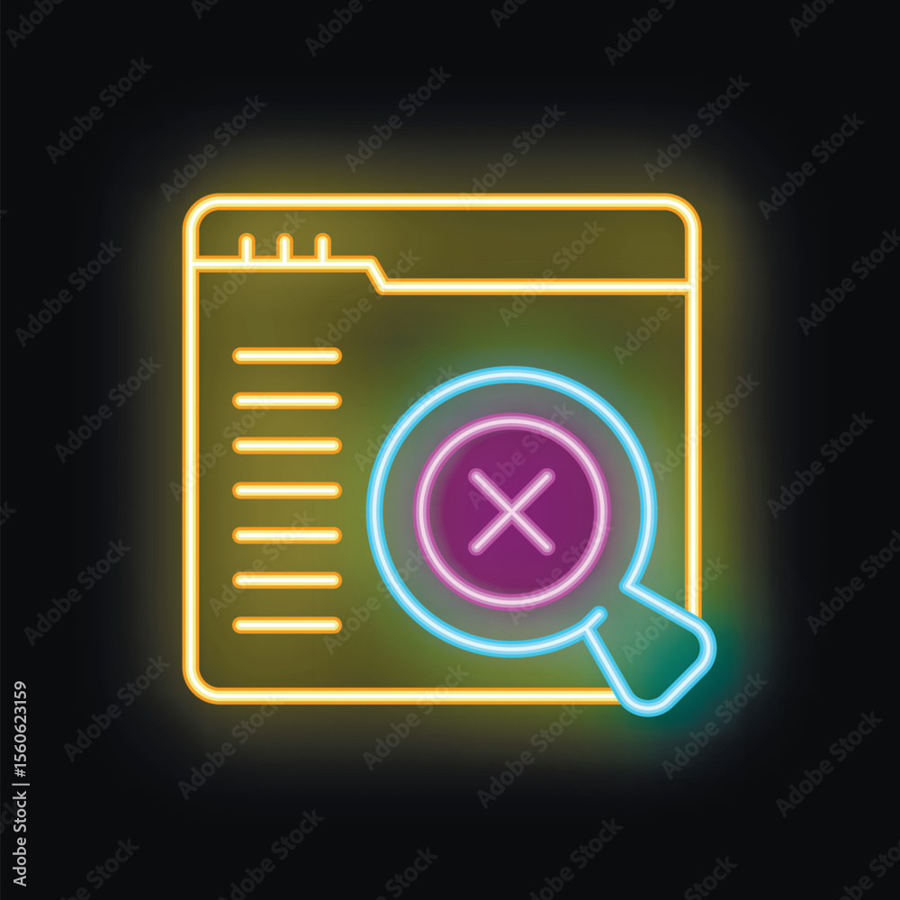 Poster neon icon of a magnifying glass showing a website error message, representing the concept of debuggi