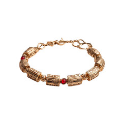 Elegant gold bracelet with red gemstone accents on black background