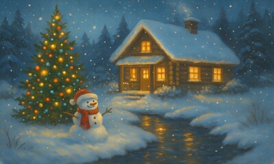 Naklejka premium Cozy Winter Wonderland Snowman, Cabin, and Christmas Tree in a Snowy Night Scene