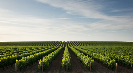 Lush green vineyard rows under a pale sky agriculture