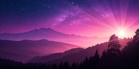 Fototapeta premium Purple Mountain Sunrise Starry Night Landscape, Digital Art, Nature, Fantasy Nature photography, Digital art