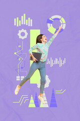 Vertical pop poster banner collage of happy businessman businesswoman stand megaphone graph diagram...