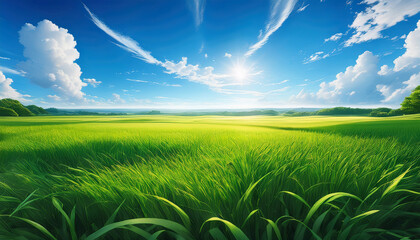 anime scenery green grass in a wide field meets the blue sky and distant horizon under the summer sun